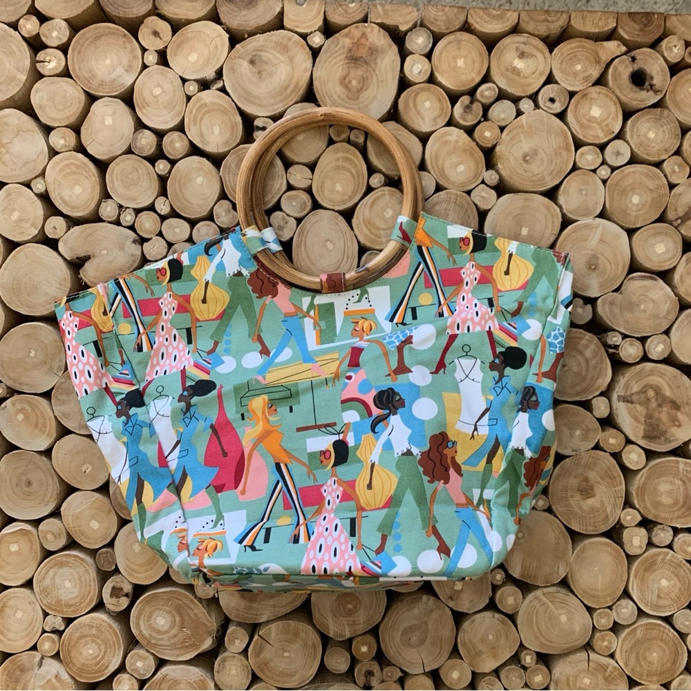 Neiman Marcus Colorful Women's Tote Bag with Wooden Handles